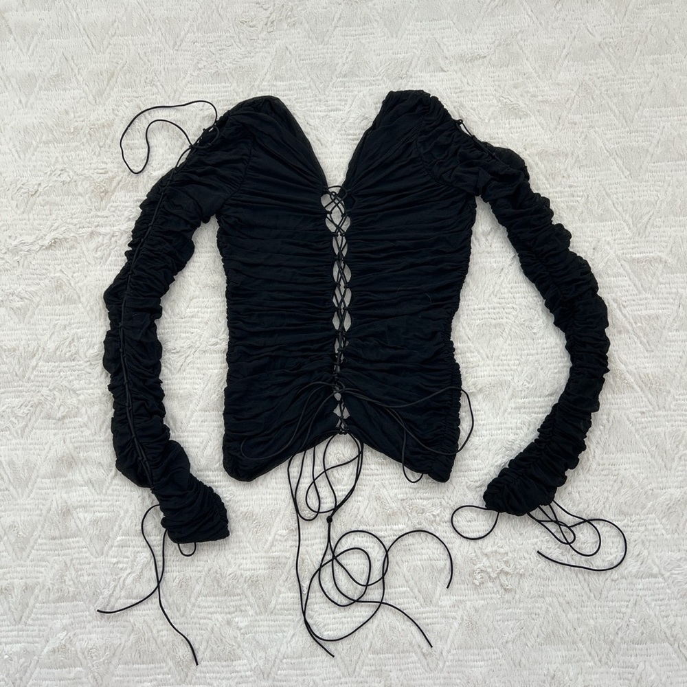 INTERIOR Kit ruched lace up stretch jersey top in black - Picture 2 of 6